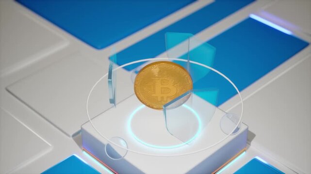 Shiny golden Bitcoin coin with BTC symbol rotates on a glowing blue high-tech pedestal with holographic ring. Perfect for cryptocurrency, blockchain, bitcoin price, finance, and fintech content.