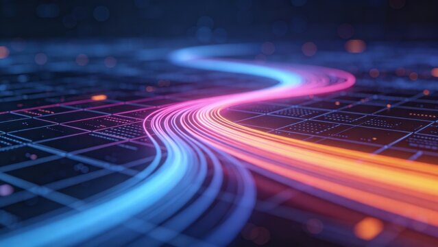 Futuristic big data flow visualization with glowing digital network stream and neon technology background, idea for AI communication infrastructure and high speed information transfer