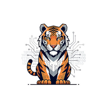 Vector illustration of a tiger mascot character sitting at a computer desk coding on a laptop, professional programmer animal theme for software development and IT tech.