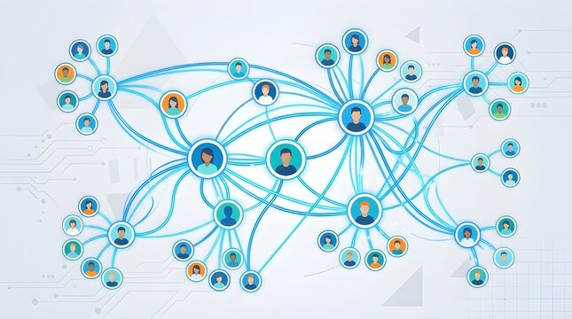 A conceptual vector illustration of a social network graph or corporate hierarchy structure. The design features multiple colorful circular nodes containing diverse male and female user profile avatar