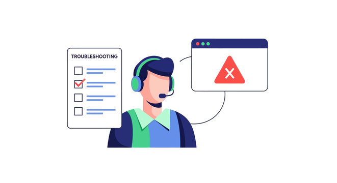IT Customer Support Specialist with Headset Troubleshooting Software Error and Following Checklist Vector Illustration