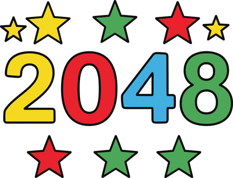 Colorful 2048 New Year Typography Illustration with Decorative Star Icons for Holiday Celebrations, Greeting Cards, Posters, and Festive Vector Designs