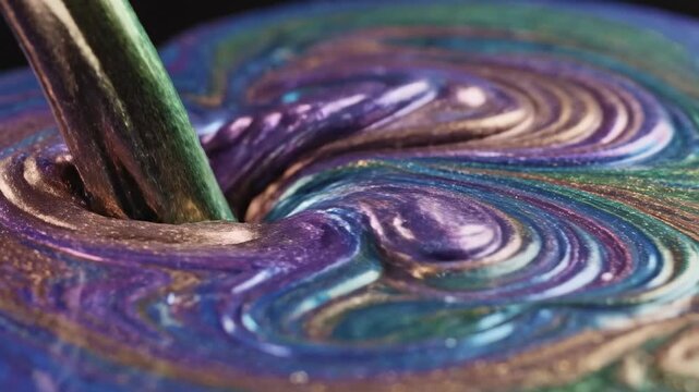 Mesmerizing iridescent liquid streams and swirls creating vibrant, rippling patterns with shimmering metallic hues of emerald, gold, and amethyst, suggesting fluid artistry and dynamic visual