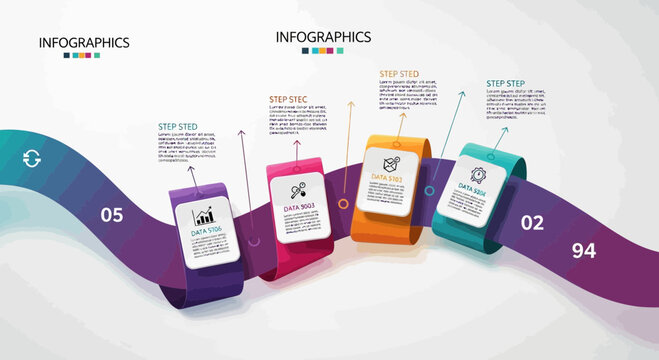 Infographic template with colorful steps and data boxes