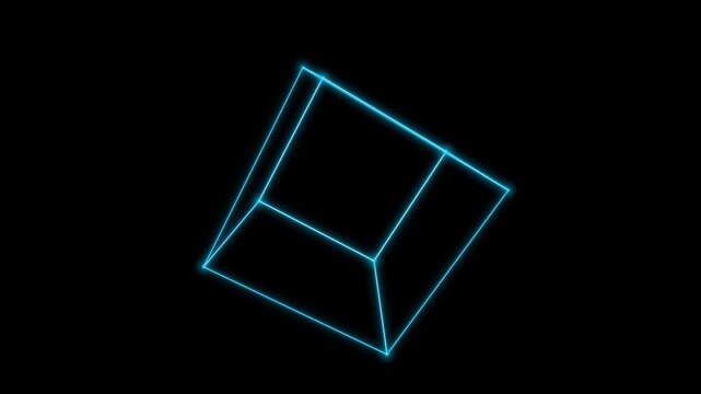 3D neon blue wireframe cube box rotating futuristic loop animation on black alpha channel background