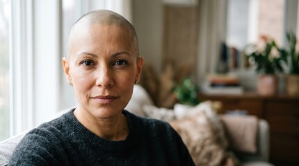 Fototapeta premium Bald woman with compassionate eyes looks forward, head and shoulders portrait