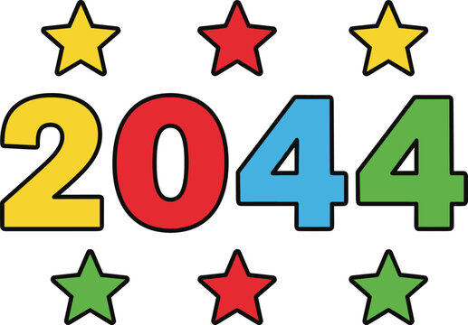 Colorful 2044 New Year Typography Design with Decorative Star Icons for Holiday Celebrations, Greeting Cards, Posters, and Festive Vector Graphics