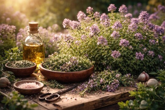 Thymus serpyllum plants flowering with natural herbal elements applied in culinary and healing
