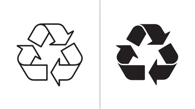 Simple black and white graphic design of the universal recycling symbol, depicting sustainable practices, environmental protection, and eco-friendly waste reduction for reuse and conservation