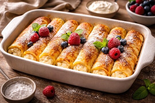 Horizontal layout of sweet cheese crepes arranged in baking dish with copy space