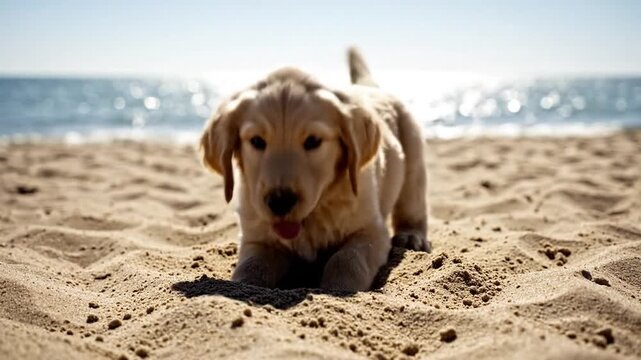 Golden Retriever Puppy Digging in Beach Sand
