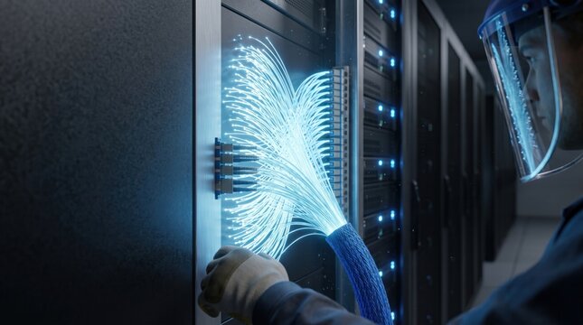 Technician Managing Fiber Optic Infrastructure in Energy Efficient Server Room