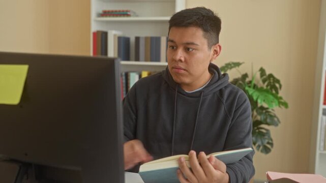 Man holding book and turning a page while using computer at a desk in building; study concentration learning.