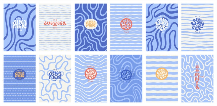 Sea ripples water waves marine summer backgrounds set. Uneven deformed hand drawn blue wavy organic doodle curved winding lines, stripes rectangle patterns. Hello it's summer time hand lettering.