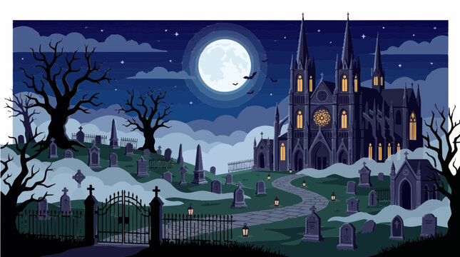Spooky graveyard scene with a gothic cathedral under a full moon