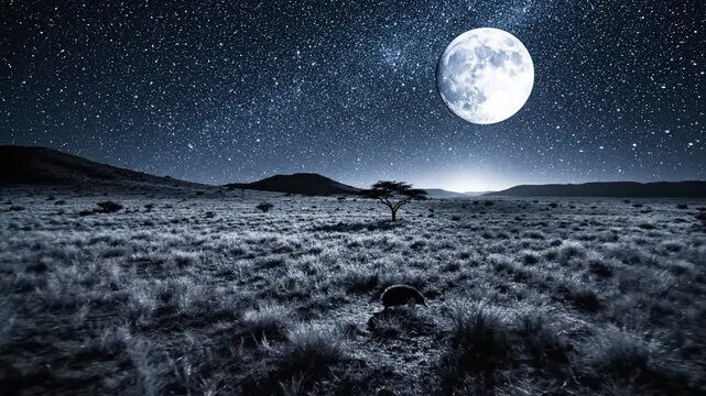 Echidna walks across a moonlit savanna under stars