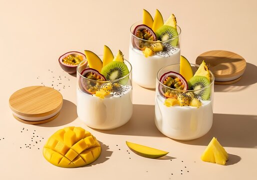 Three glasses of fresh tropical fruit yogurt with mango kiwi and passion fruit slices on a table. yaourts