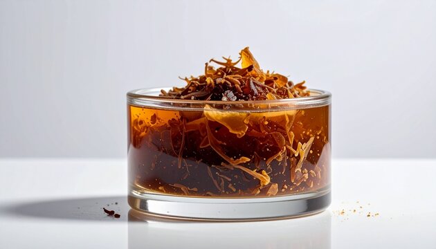 Close-up of ambergris chunk in clear glass with golden liquid and spices on white background
