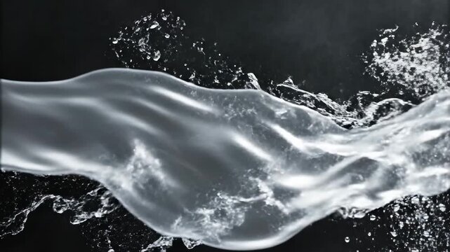 Dynamic fluid stream with energetic droplets and splashes creates a visually compelling abstract flow suggesting motion and liquid transformation against a dark environment