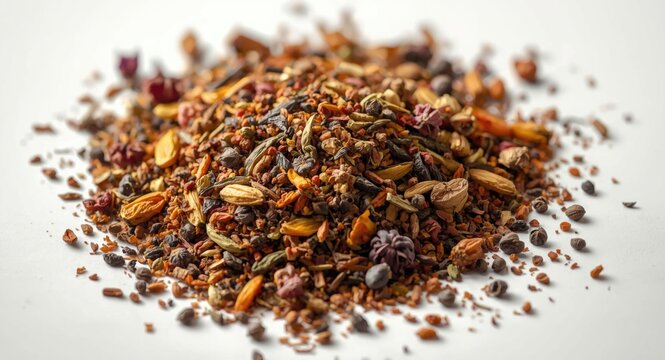 Assorted dry herbal tea blend with spices and dried fruit on white background