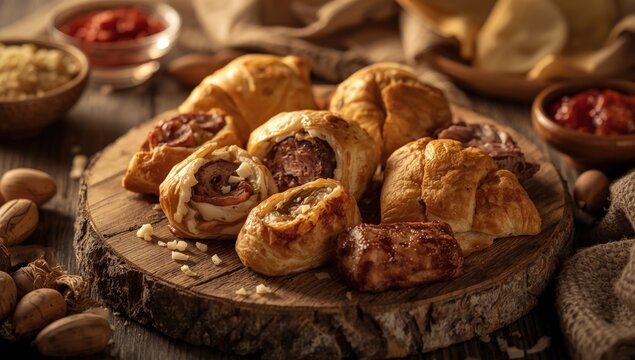 Cheese and meat stuffed savory fatayer arranged on a natural wooden serving board