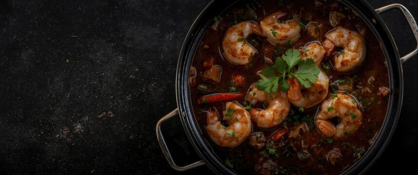 Black pot with close up of shrimp gumbo stew featuring rich ingredients and copy space on black background