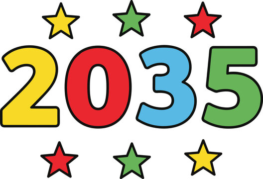 Colorful 2035 New Year Number Design with Decorative Star Elements for Holiday Celebrations, Greeting Cards, Posters, and Festive Vector Graphics