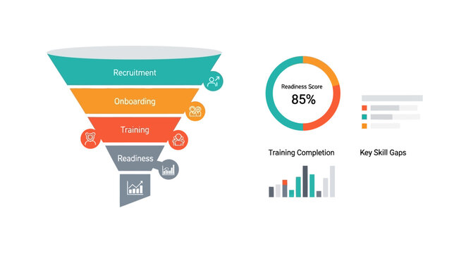 HR Recruitment Funnel Infographic with Onboarding, Training, and Readiness Stages; Business Dashboard with Skill Gap Analysis and Performance Data Visualization
