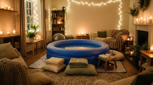 Cozy living room set up for home water birth with birthing pool and soft lighting