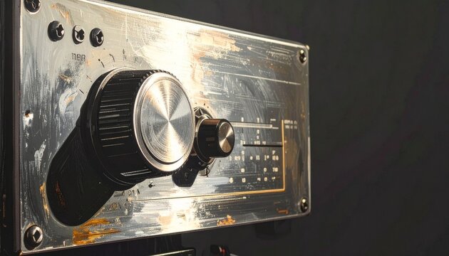 Vintage audio equipment knob and potentiometer on aluminum faceplate in studio close-up