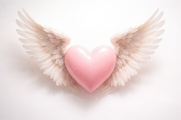 Fototapeta premium pastel pink heart with elegant angel wings displayed on a simple white backdrop