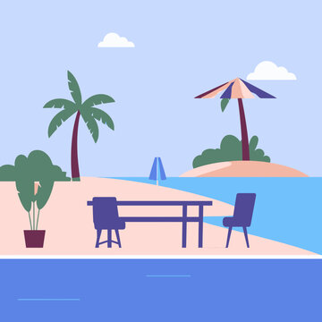 Illustration de plage tropicale sereine avec table &agrave; manger et chaises au bord de l'oc&eacute;an calme sous un ciel lumineux