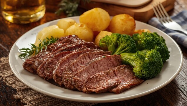 A full roast beef dinner with golden potatoes and steamed green broccoli