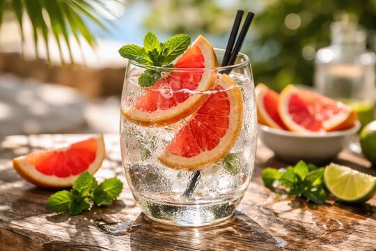 Summer gin and tonic cocktail complemented by juicy grapefruit and mint garnish