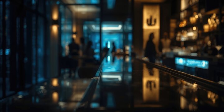 Blurred Upscale Hotel Bar Interior Ambient Lighting and Reflective Surfaces, Soft Focus