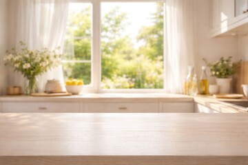 Softly blurred kitchen space with summer window view and smooth bleached wood counter © Holo Frame
