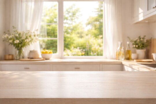 Softly blurred kitchen space with summer window view and smooth bleached wood counter
