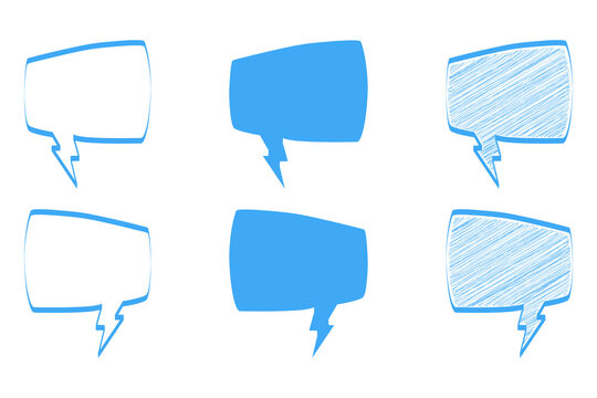 Blue rectangular speech bubbles with lightning tails and hand drawn style borders on transparent background for message design.