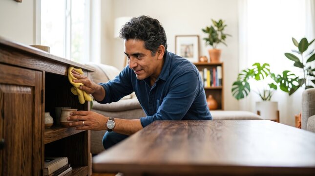 Man dusting furniture in a living room