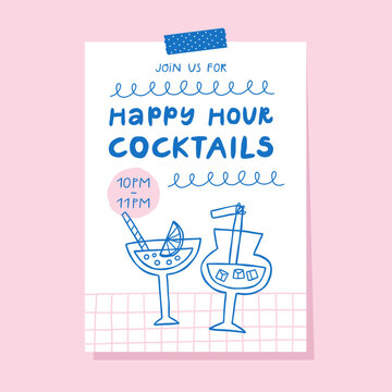 Happy hour cocktails print with cocktail glasses. Artwork for apparel, stickers, poster, cards, wall art, ads.
