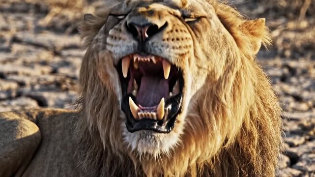 Lion Yawning Wide Revealing Powerful Teeth