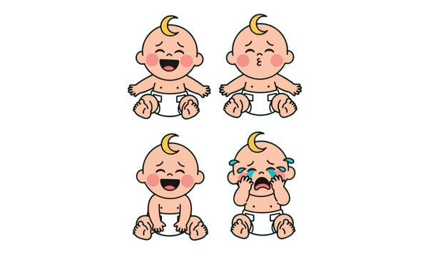 Baby Cartoon Characters with Different Facial Expressions Set
