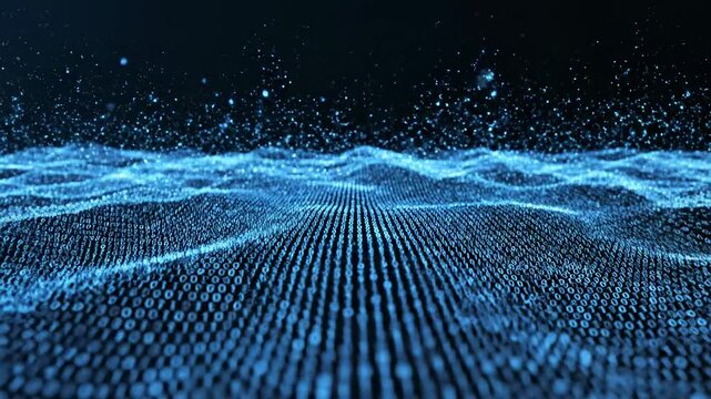 Futuristic digital ocean or wave composed of glowing blue particles flowing with a dazzling, ethereal shimmer and illuminated by a dark, celestial void creating a sense of vastness
