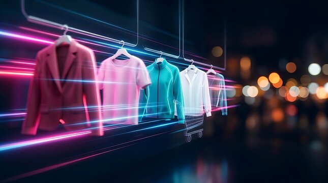 Neon glowing clothes hanging on racks with shopping cart illustration against blurred city lights