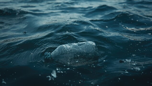 Climate crisis and marine litter with empty plastic bottle in ocean waves
