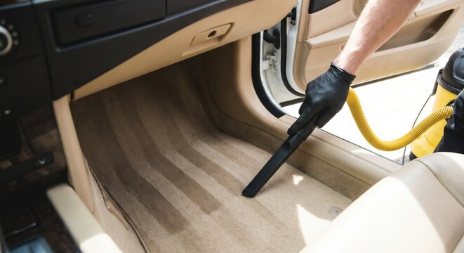 Detailer vacuuming car floor carpets creating stripes