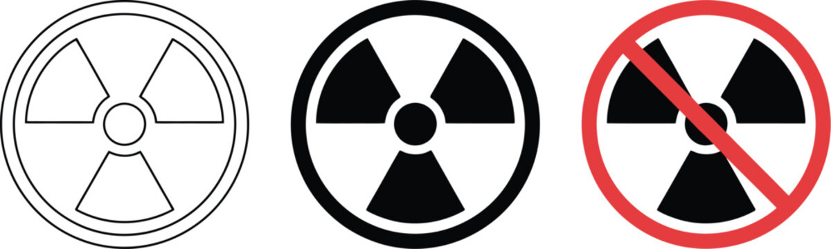 No radiation icon set, nuclear hazard warning symbols with prohibited radioactive signs for toxic contamination and environmental safety graphics