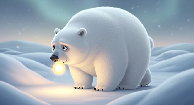 Adorable Polar Bear Holding Glowing Light in Snowy Arctic Landscape Cute Winter Animal Fantasy Illustration