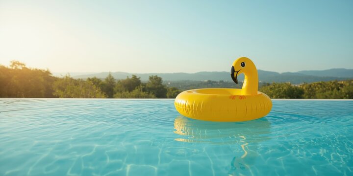 Cheerful Yellow Pool Float on Tranquil Water Surface Vacation Setting, Soft Light, Copy Space