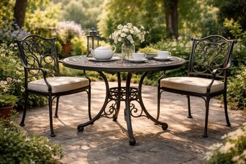 Fototapeta premium Round wrought iron table with classic design ideal for garden dining and relaxed outdoor cafe atmospheres